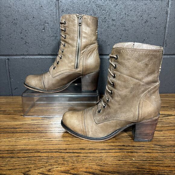 Steve Madden Lace-Up Ankle Boots Women’s 7.5 Brown Leather Heel Side Zip - Picture 3 of 10